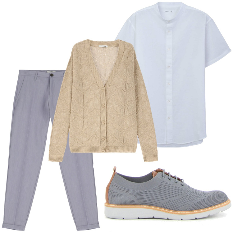 Outfit uomo - Sere d\'estate. Stile Casual per Serata speciale. Abbinamento con camicie a manica corta, pantaloni, cardigans, scarpe stringate.