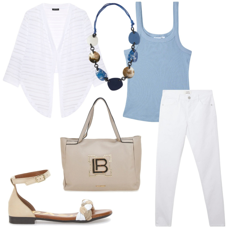 Outfit donna - Total look #2226751. Stile Casual chic per Tutti i giorni. Abbinamento con pantaloni, canottiere, bolero, sandali, borse a spalla, collane.