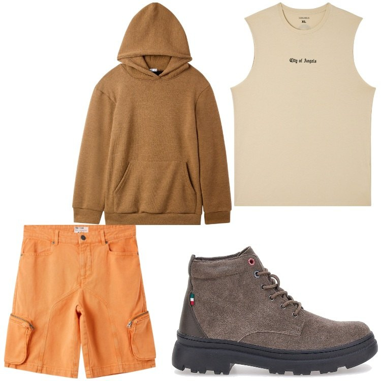Outfit uomo - Due passi nel bosco. Stile Casual per Sport. Abbinamento con canottiere, pantaloni corti, felpe, stivali e stivaletti.