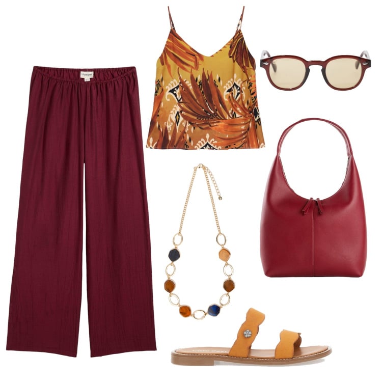 Outfit donna - Look contro il caldo. Stile Etnico per Tutti i giorni. Abbinamento con pantaloni, shopping bag, occhiali da sole, canottiere, collane, ciabatte.
