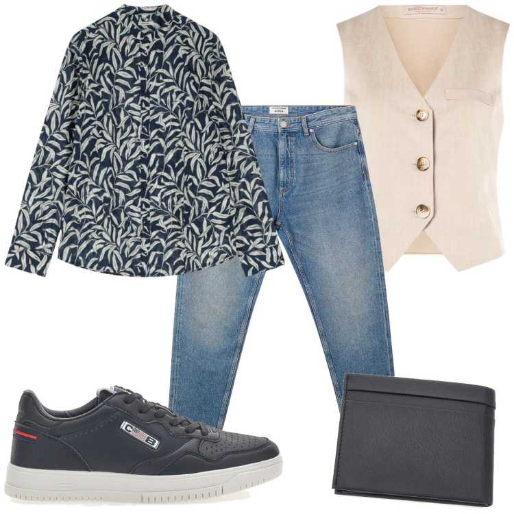 Outfit uomo - Total look #2226763. Stile Trendy per Ufficio. Abbinamento con jeans, gilet, camicie, portafogli, sneakers.