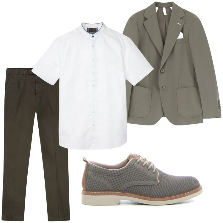 Outfit uomo - Raffinato. Stile Trendy per Serata speciale. Abbinamento con camicie a manica corta, giacche, pantaloni, scarpe stringate.