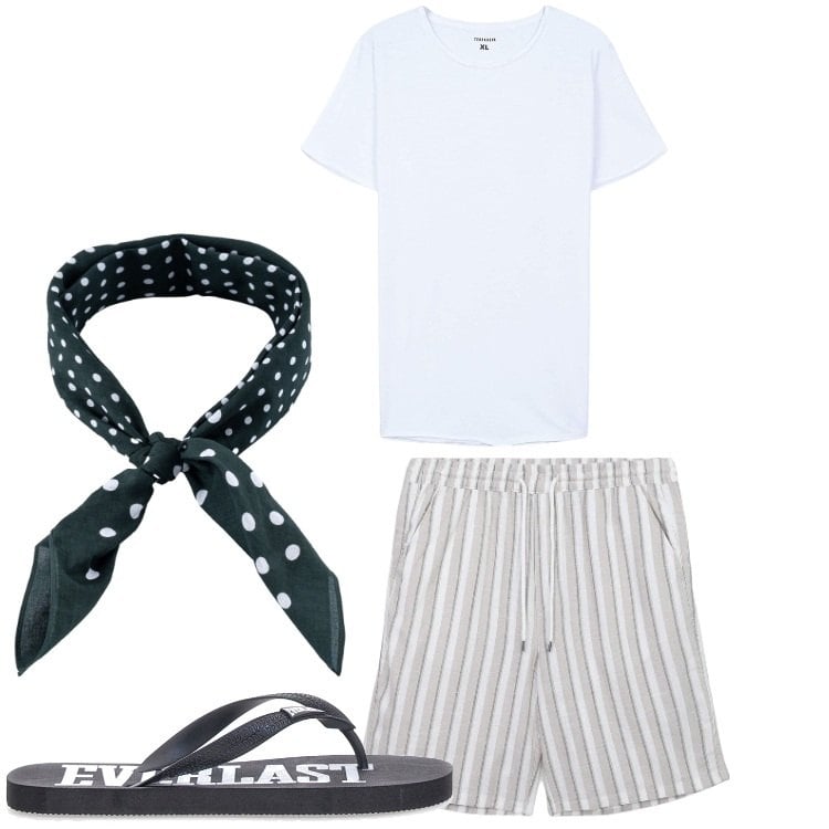 Outfit uomo - Mix and match. Stile Casual per Tutti i giorni. Abbinamento con t-shirt, pantaloni corti, sciarpe e foulard, sandali.