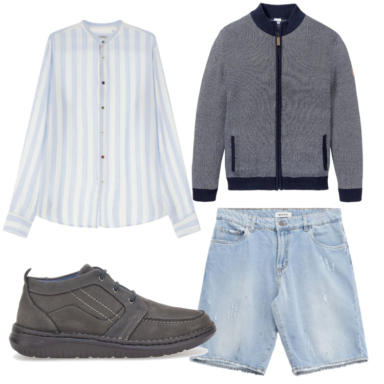 Outfit uomo - Stile casual. Stile Casual per Tutti i giorni. Abbinamento con cardigans, camicie, bermuda, scarpe stringate.