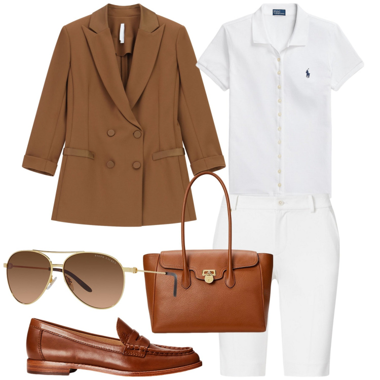 Outfit donna - Bianco e tabacco. Stile Casual chic per Tutti i giorni. Abbinamento con blazer, mocassini, polo, borse a mano, occhiali da sole, pantaloni corti.