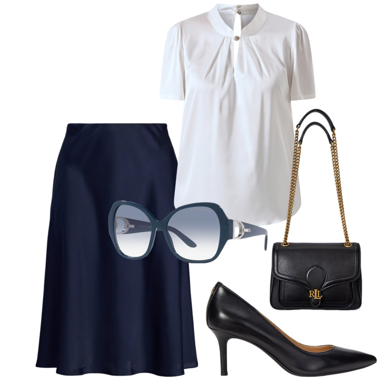 Outfit donna - Bianco e blu chic. Stile Chic per Serata fuori. Abbinamento con bluse, gonne, décolleté, occhiali da sole, borse a spalla.
