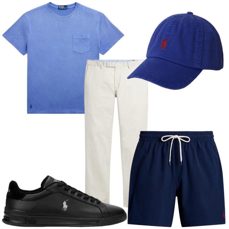 Outfit uomo - Total look #2226809. Stile Trendy per Mare. Abbinamento con pantaloni chino, costumi, sneakers, t-shirt, cappelli con visiera.