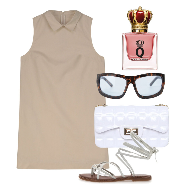 Outfit donna - Agosto. Stile Chic per Tutti i giorni. Abbinamento con profumi, borse a tracolla, occhiali da sole, vestiti a tubino, sandali.