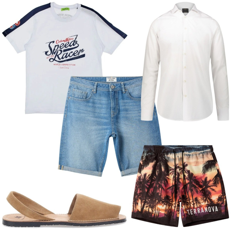 Outfit uomo - Total look #2226811. Stile Trendy per Mare. Abbinamento con bermuda, costumi, camicie, t-shirt, sandali.