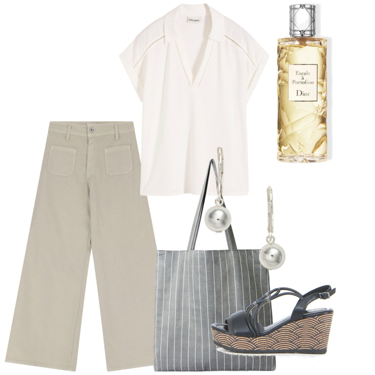Outfit donna - Agosto. Stile Bon Ton per Tutti i giorni. Abbinamento con polo, profumi, shopping bag, pantaloni, orecchini, sandali in pelle.