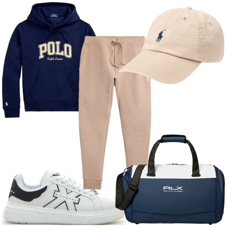 Outfit uomo - Total look #2226819. Stile Trendy per Sport. Abbinamento con cappelli, pantaloni, borse sportive, felpe con cappuccio, sneakers.