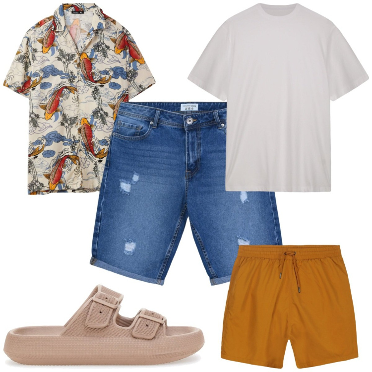 Outfit uomo - Total look #2226820. Stile Trendy per Mare. Abbinamento con bermuda, camicie a manica corta, t-shirt, sandali, costumi.