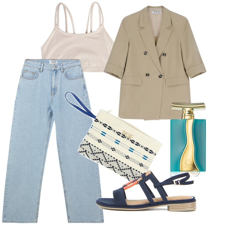 Outfit donna - Agosto. Stile Bon Ton per Tutti i giorni. Abbinamento con profumi, jeans, canottiere, blazer, sandali, pochette.