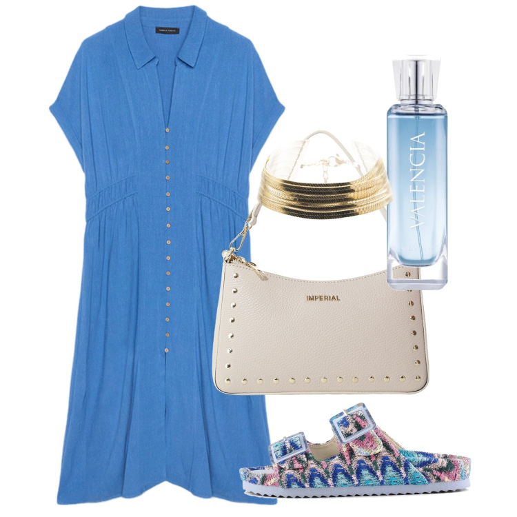 Outfit donna - Agosto. Stile Bon Ton per Tutti i giorni. Abbinamento con profumi, borse a spalla, braccialetti, sandali, vestiti chemisier.