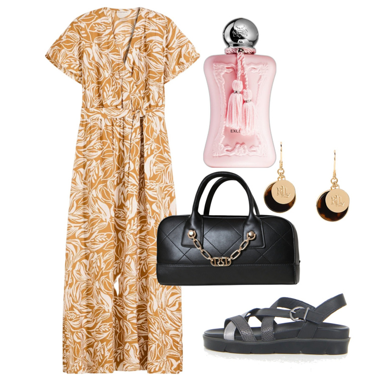 Outfit donna - Daily. Stile Bon Ton per Tutti i giorni. Abbinamento con vestiti lunghi, profumi, borse a mano, orecchini, sandali.