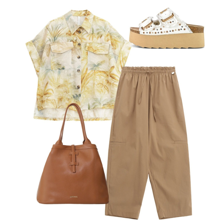 Outfit donna - Comoda in città. Stile Casual per Tutti i giorni. Abbinamento con pantaloni corti, borse tote, camicie a manica corta, sandali.