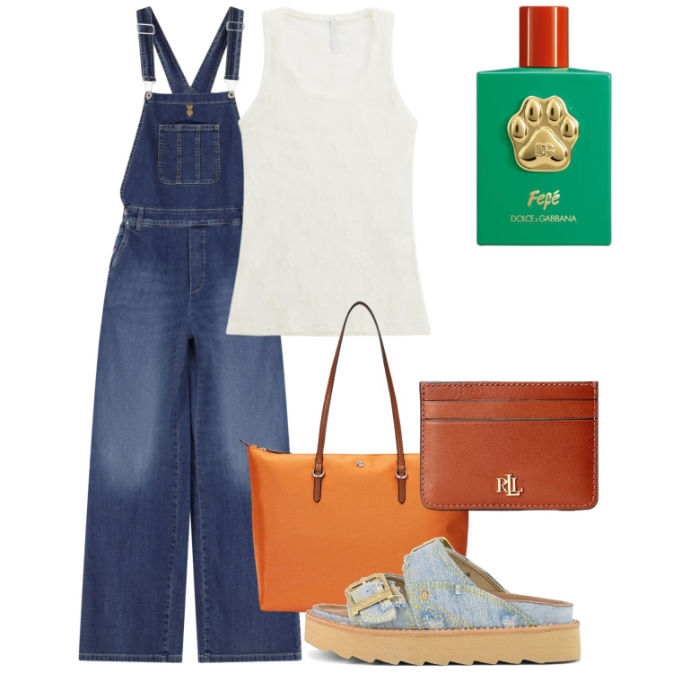 Outfit donna - Agosto casual. Stile Casual per Tutti i giorni. Abbinamento con profumi, salopette, canottiere, portafogli, borse tote, sandali.