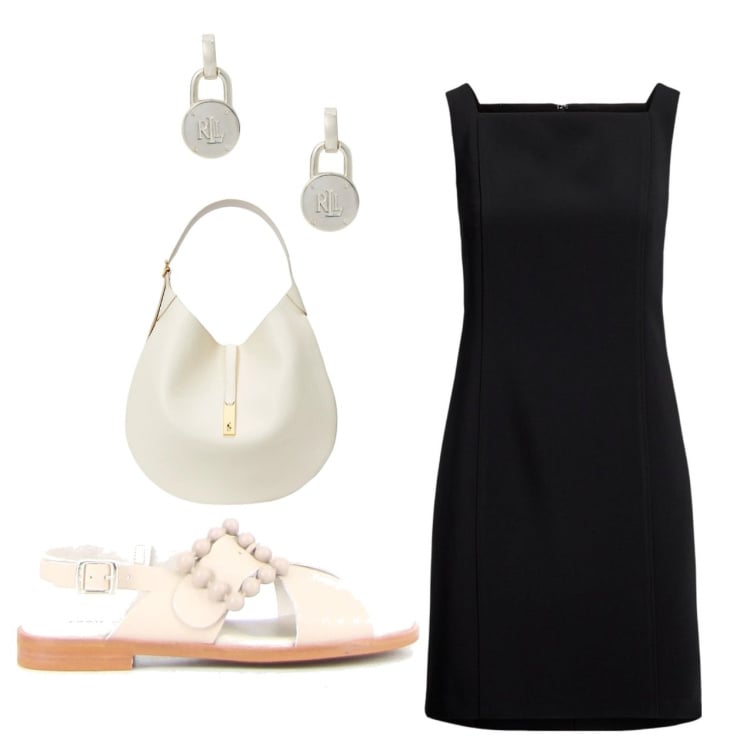 Outfit donna - Il tubino. Stile Chic per Serata fuori. Abbinamento con vestiti senza maniche, borse a spalla, orecchini, sandali.
