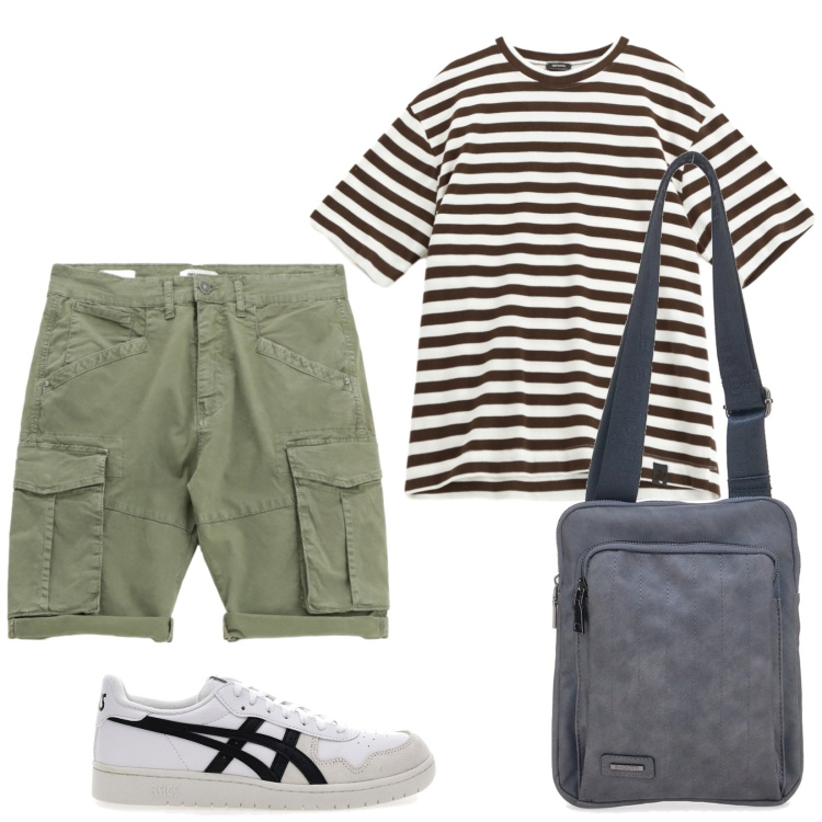 Outfit uomo - Intramontabile tracolla. Stile Casual per Tutti i giorni. Abbinamento con bermuda, t-shirt, portafogli, sneakers.