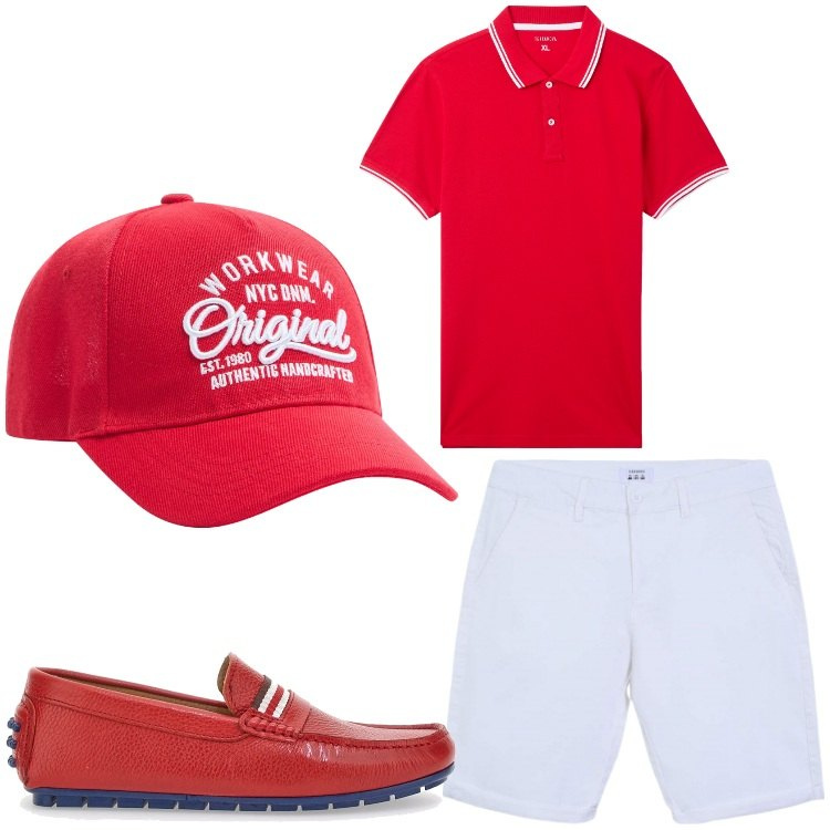 Outfit uomo - Abbinamenti. Stile Casual per Tutti i giorni. Abbinamento con cappelli, polo, bermuda, scarpe stringate.