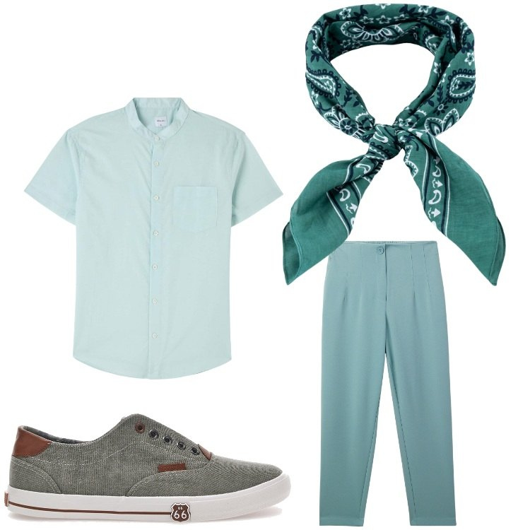 Outfit uomo - Formale ma non troppo. Stile Casual per Ufficio. Abbinamento con camicie a manica corta, pantaloni chino, sneakers, sciarpe e foulard.