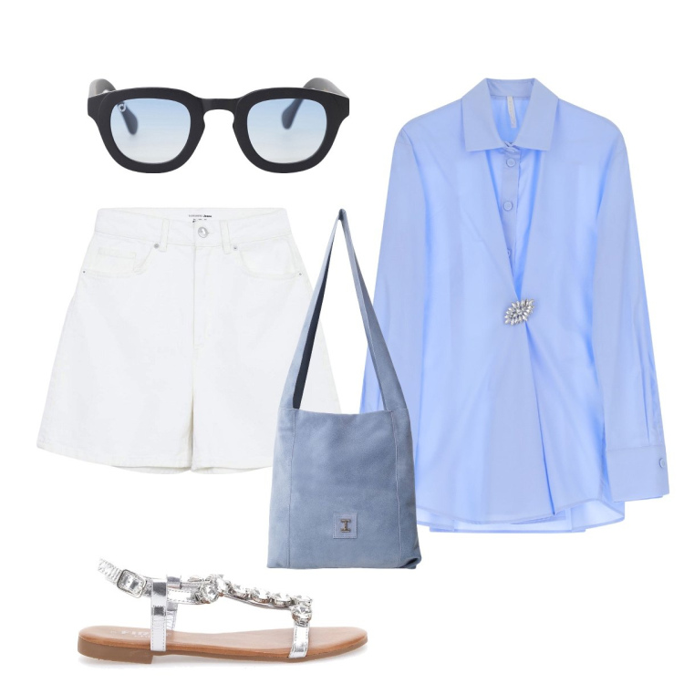 Outfit donna - Total look #2226876. Stile Minimal per Tutti i giorni. Abbinamento con bermuda, occhiali da sole, borse a tracolla, camicie, sandali gioiello.