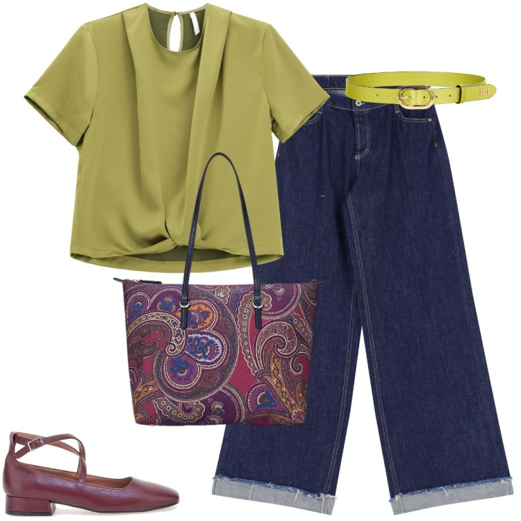 Outfit donna - Denim e blusa per il giorno. Stile Casual chic per Ufficio. Abbinamento con cinture, jeans, bluse, borse tote, ballerine.