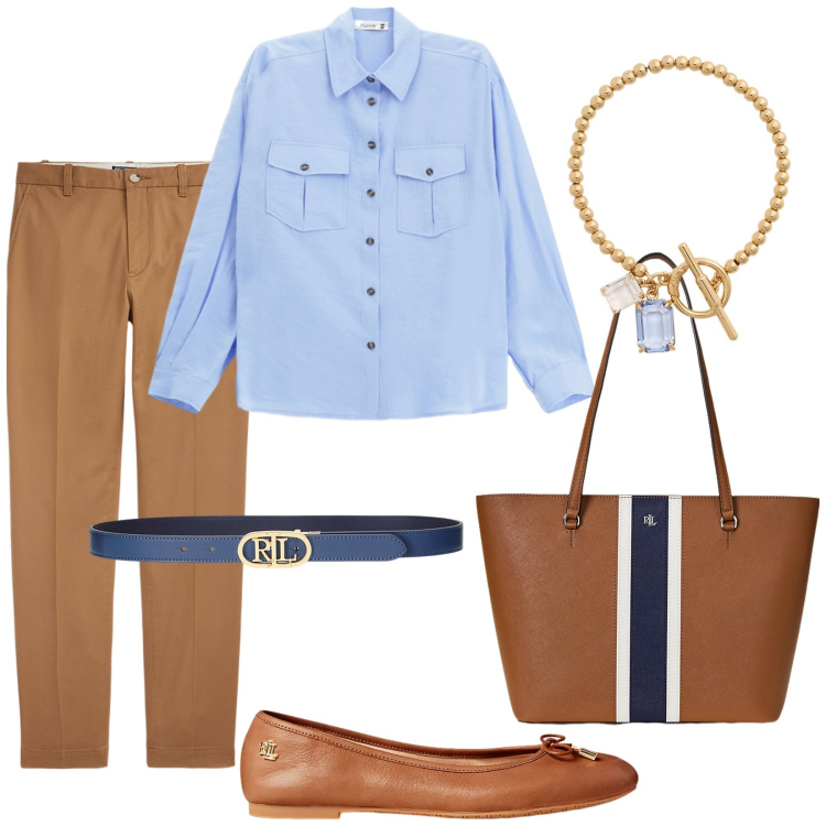 Outfit donna - Total look #2226880. Stile Casual chic per Ufficio. Abbinamento con camicie, borse tote, cinture, pantaloni chino, ballerine, braccialetti.