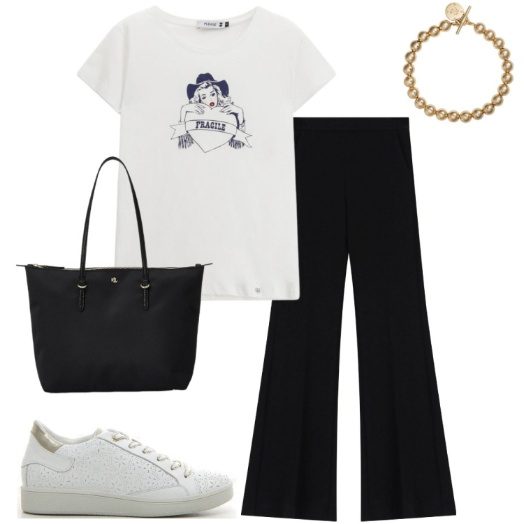 Outfit donna - T-shirt con la stampa. Stile Basic per Tutti i giorni. Abbinamento con t-shirt, pantaloni, braccialetti, borse tote, sneakers.
