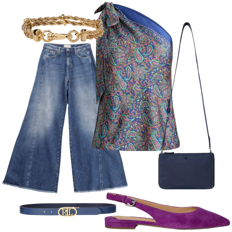 Outfit donna - Casual chic. Stile Casual chic per Tutti i giorni. Abbinamento con jeans a zampa, top, cinture, borse a tracolla, braccialetti, ballerine.