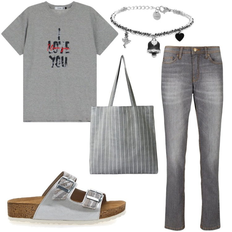 Outfit donna - T-shirt con la stampa. Stile Casual per Tutti i giorni. Abbinamento con jeans mom, shopping bag, t-shirt, braccialetti, ciabatte.