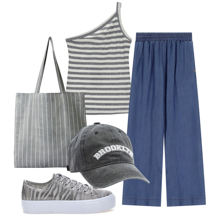 Outfit donna - Variazioni di righe. Stile Casual per Tutti i giorni. Abbinamento con cappelli, shopping bag, pantaloni, top, sneakers.