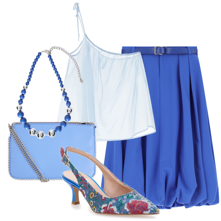 Outfit donna - Eleganza in bluette. Stile Glamour per Tutti i giorni. Abbinamento con borse a tracolla, top, gonne longuette, décolleté, collane.