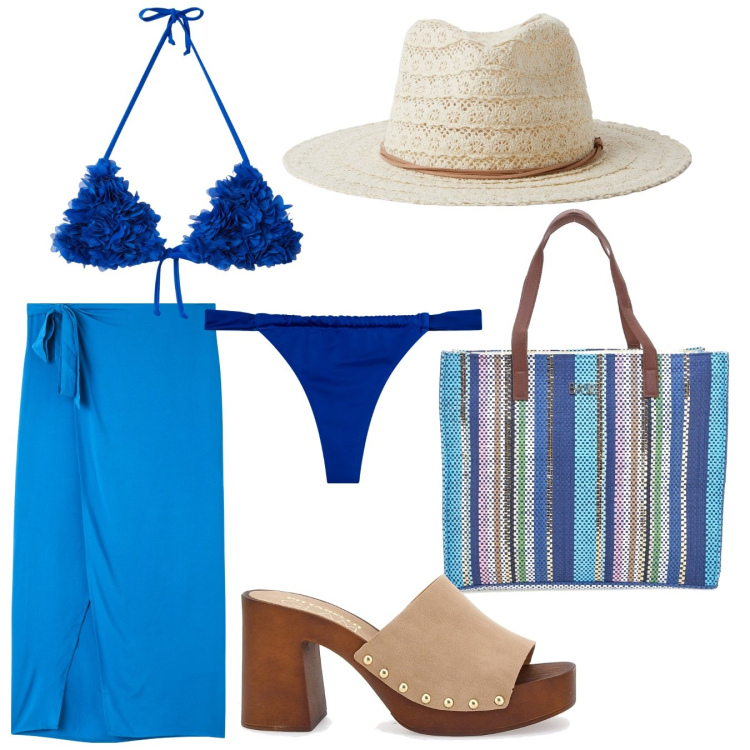 Outfit donna - Total Look mare low cost. Stile 70s per Mare. Abbinamento con vestiti da spiaggia, cappelli, bikini, bikini, zoccoli, shopping bag.