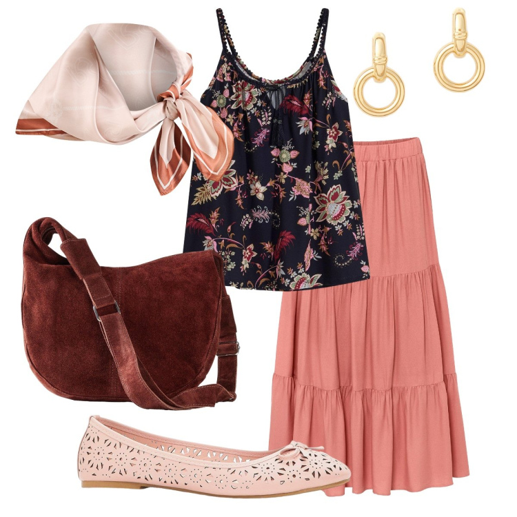 Outfit donna - Boho style in città. Stile Boho per Tutti i giorni. Abbinamento con ballerine, top, borse a mano, gonne longuette, foulard, orecchini.