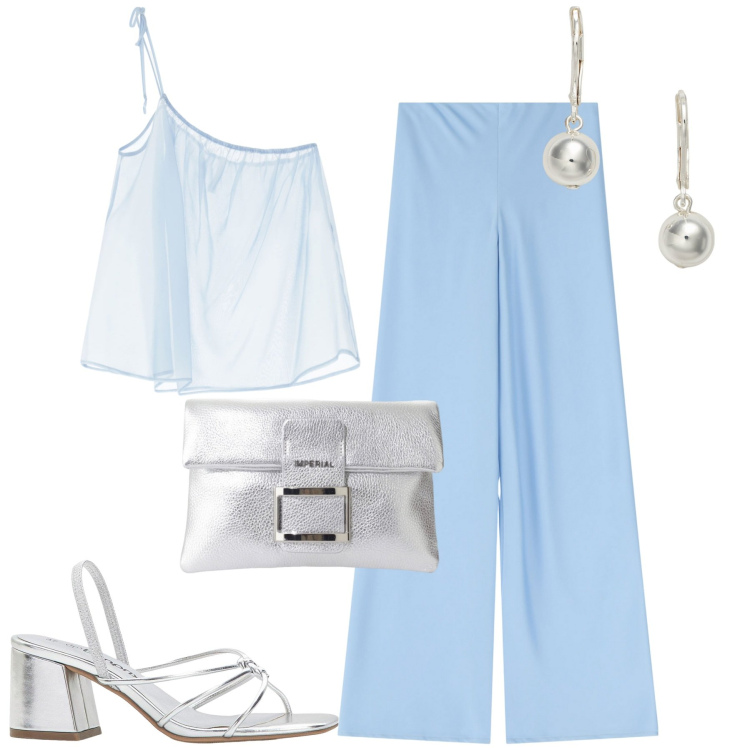 Outfit donna - Azzurro. Stile Urban per Tutti i giorni. Abbinamento con sandali col tacco, pantaloni, top, pochette, orecchini.