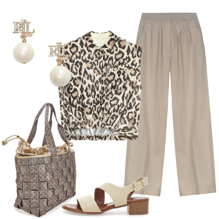 Outfit donna - Total look #2226928. Stile Casual chic per Tutti i giorni. Abbinamento con camicie, orecchini, pantaloni, sandali col tacco, borse a spalla.