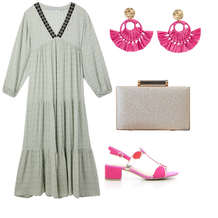 Outfit donna - Caftano agosto. per Serata fuori. Abbinamento con orecchini, vestiti lunghi, clutch, sandali col tacco.