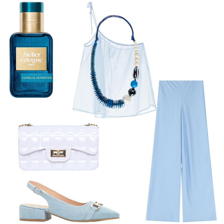 Outfit donna - Elegante tutto il giorno. Stile Chic per Tutti i giorni. Abbinamento con décolleté, profumi, borse a tracolla, top, pantaloni, collane.
