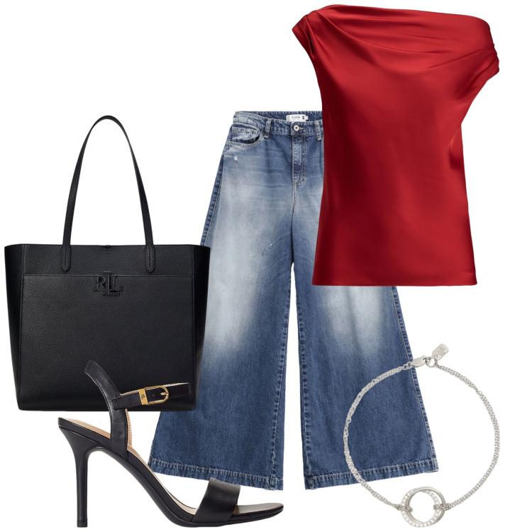 Outfit donna - Tacchi e jeans. Stile Casual chic per Ufficio. Abbinamento con jeans, top, sandali in pelle, borse tote, braccialetti.