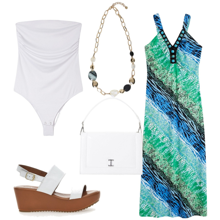 Outfit donna - Il vestito leggero e versatile. Stile Casual chic per Tutti i giorni. Abbinamento con vestiti, body, borse a tracolla, sandali col tacco, collane.