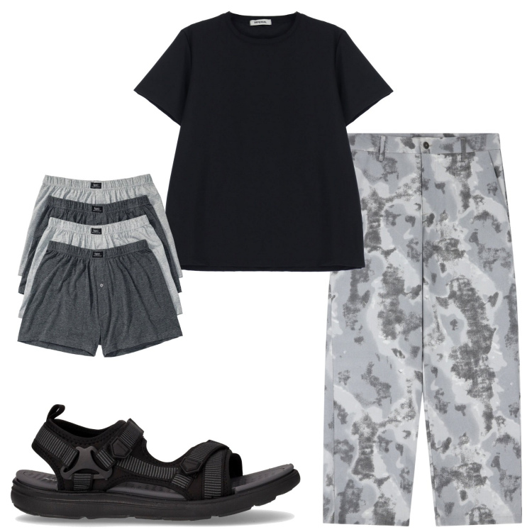 Outfit uomo - Total look #2226944. Stile Casual per Mare. Abbinamento con boxer, pantaloni, t-shirt, sandali.