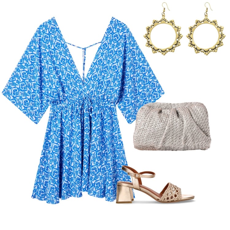 Outfit donna - Caftano elegante. per Serata fuori. Abbinamento con vestiti corti, clutch, orecchini, sandali col tacco.