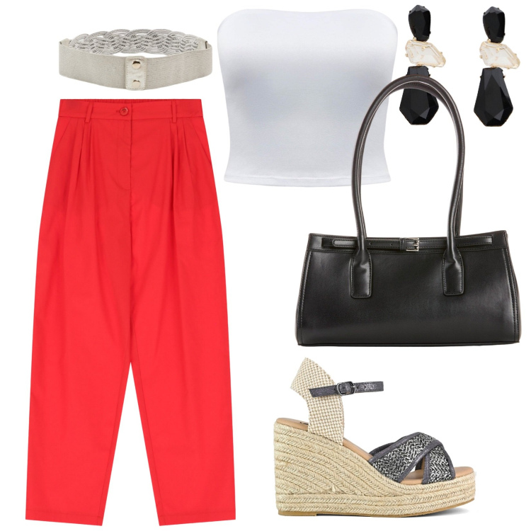 Outfit donna - Set due pezzi. per Tutti i giorni. Abbinamento con borse a mano, cinture, top, pantaloni, orecchini, zeppe.
