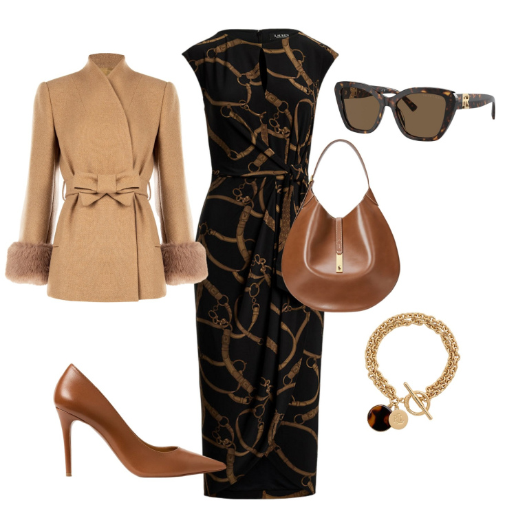 Outfit donna - Altri tempi. Stile Glamour per Ufficio. Abbinamento con cappotti, occhiali da sole, borse a spalla, décolleté, braccialetti con ciondoli, vestiti.