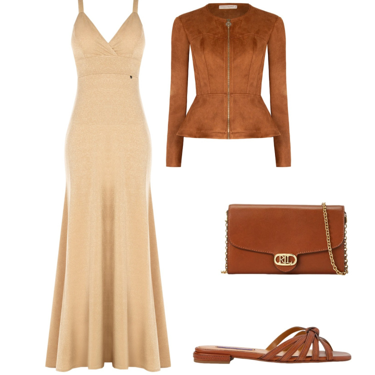 Outfit donna - Tramonto Elegante sulla spiaggia. Stile Chic per Serata fuori. Abbinamento con blazer, vestiti lunghi, sandali in pelle, borse a tracolla.