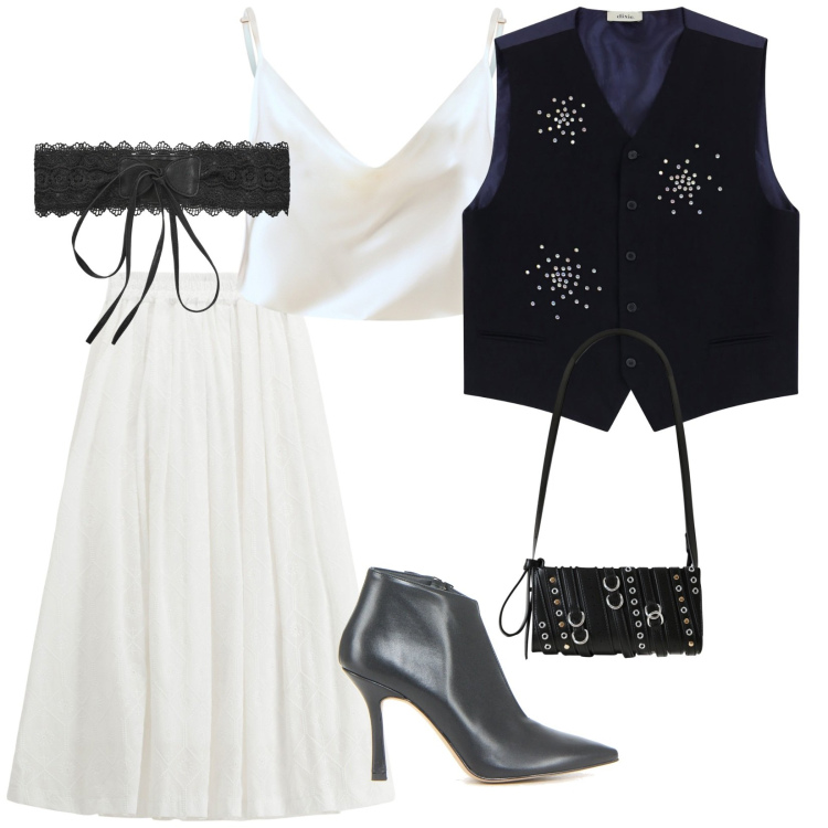 Outfit donna - Set due pezzi. per Ufficio. Abbinamento con cinture, borse a spalla, canottiere, gonne lunghe, gilet, sandali col tacco.