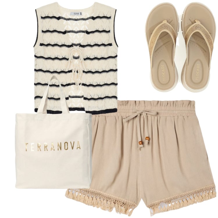 Outfit donna - Al mare. Stile Casual per Mare. Abbinamento con borse tote, shorts, top, infradito.