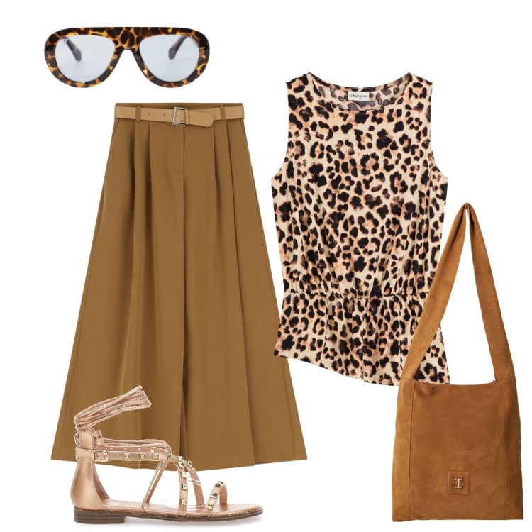 Outfit donna - Animalier. Stile Glamour per Serata fuori. Abbinamento con top, occhiali da sole, pantaloni a palazzo, borse a tracolla, sandali alla schiava.