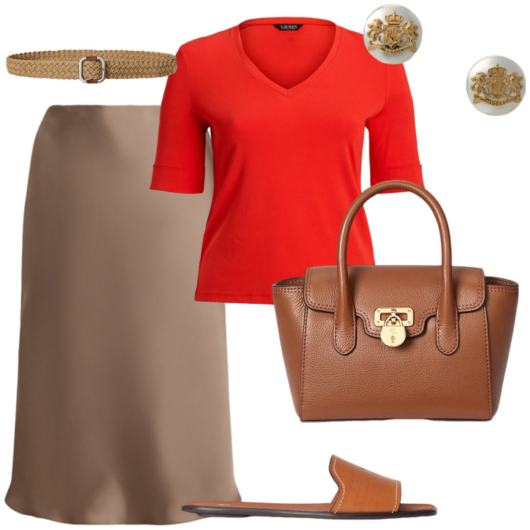 Outfit donna - Rosso e beige. per Tutti i giorni. Abbinamento con ciabatte, orecchini, cinture, borse a mano, gonne, t-shirt.